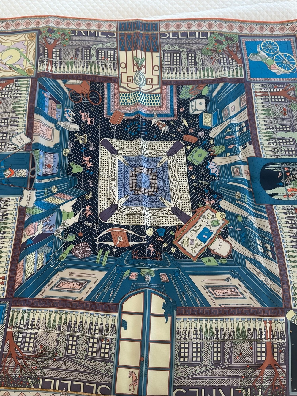 Hermes carre 90 silk scarf objects de curiosite new in box blue and orange motif - Picture 2 of 14
